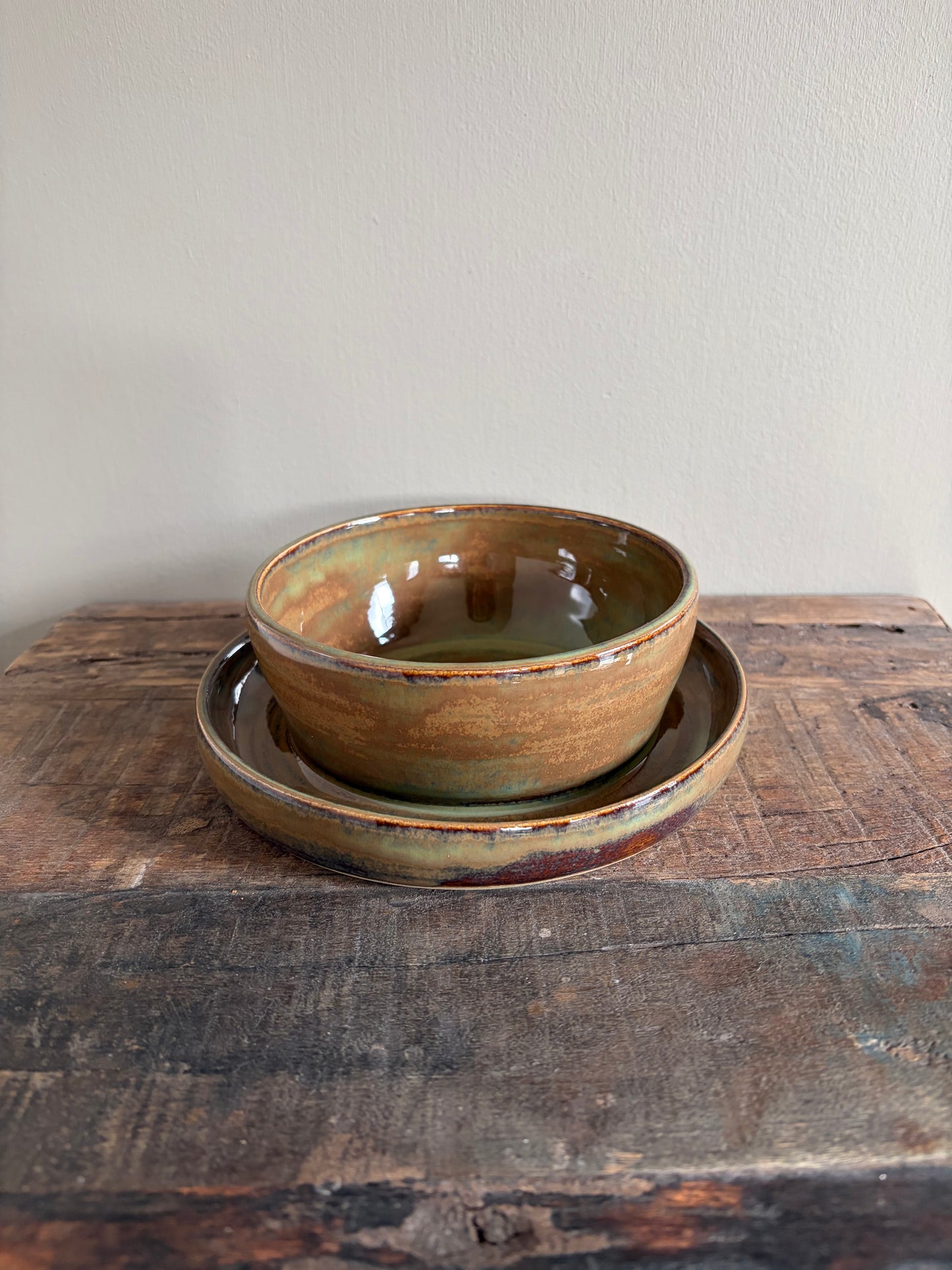 Olijfkom blauwgroen & bruin